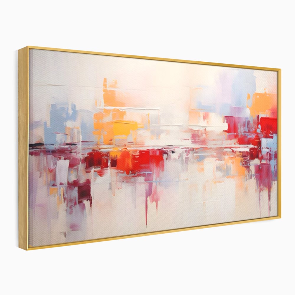 Tablou canvas cu pictura abstracta cu reflexii colorate, in rama de aluminiu auriu